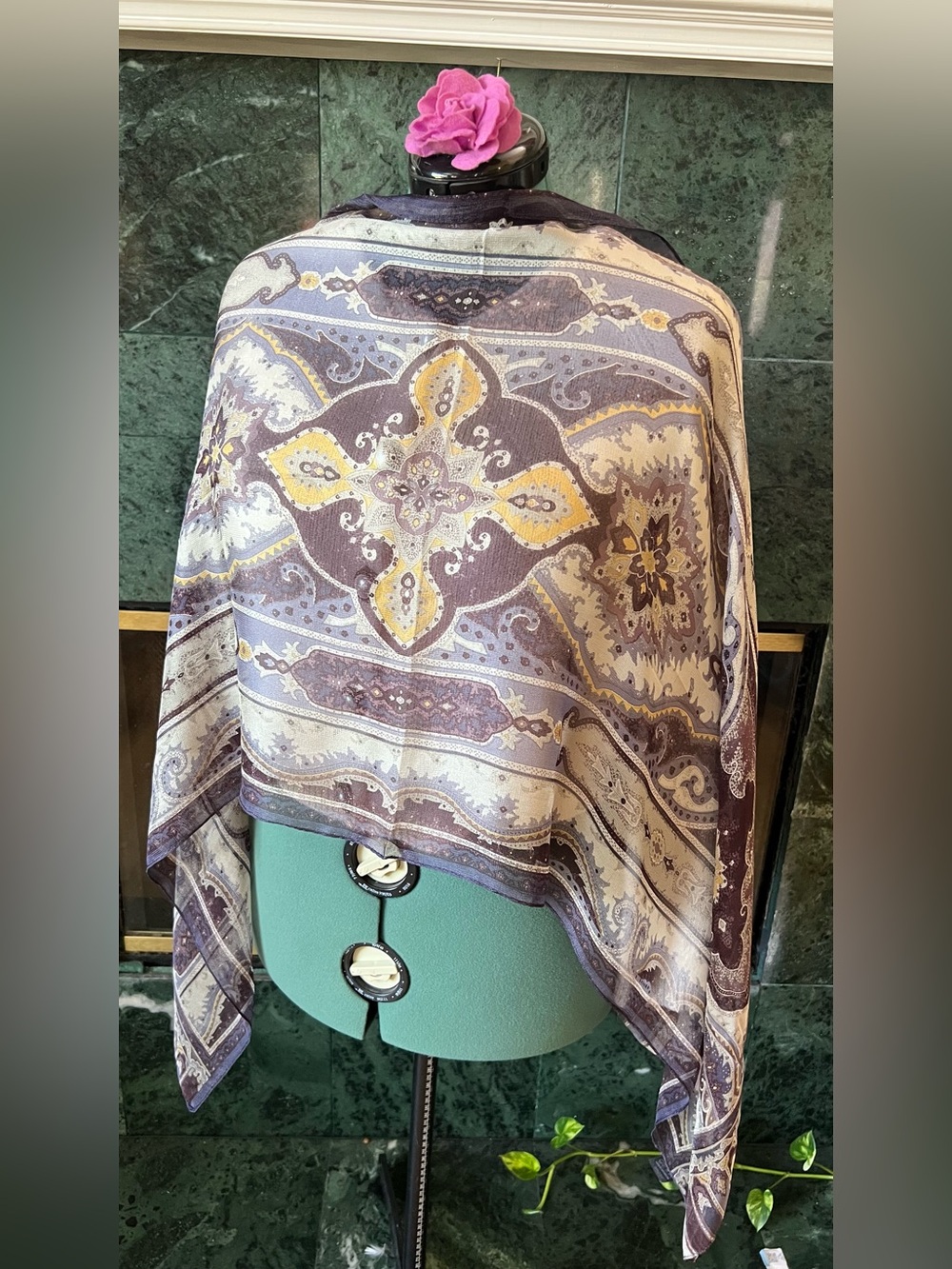 Pierre Cardin Paisley Silk Scarf in Brown, Cream & Yellow Accents Earth Tones